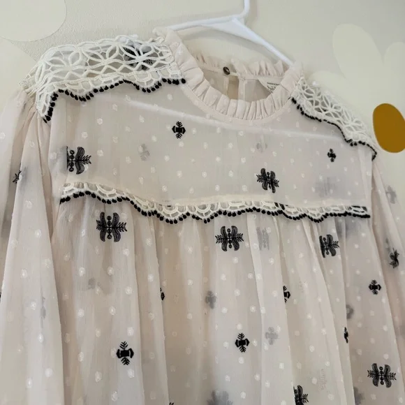 EUC Bohme Sheer Cream and Black Embroidered Long Sleeve Mock Neck Blouse - Picture 6 of 12